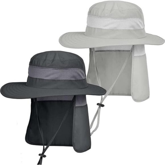 2 Pack Mens UV Protection Sun Hat with Neck Flap Summer Foldable Mesh Boonie